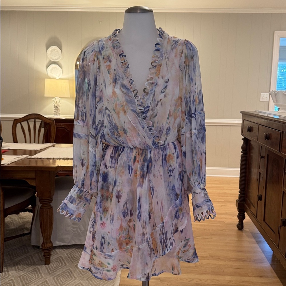 AVANTLOOK Womens Abstract Watercolor Wrap Dress Pastel Blue Cream Boho Ruffle XS